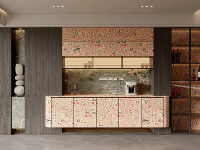 Stylish Modern Wine Cabinet Featuring Colorful Floral Patterned Doors And Built in Lighting 3d model
