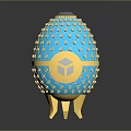 Unique Blue Egg Shaped Decorative Furniture With Gold Accents Geometric Pattern And Base Stand