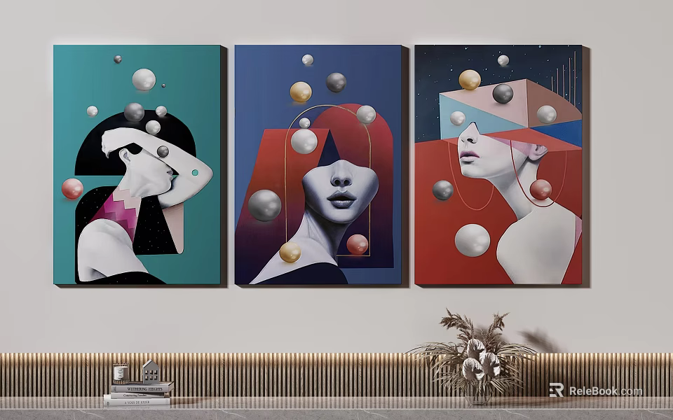 Three Abstract Portrait Paintings With Female Faces Geometric Shapes Spheres And Colorful Backgrounds 3d model 
