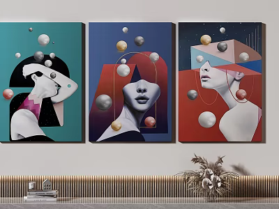 Three Abstract Portrait Paintings With Female Faces Geometric Shapes Spheres And Colorful Backgrounds 3d model