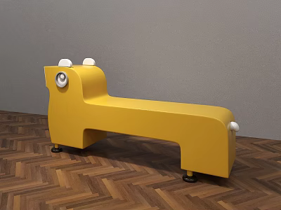Yellow Animal Shaped Public Chair With Ears Eyes And Wheels On Wooden Floor 3d model