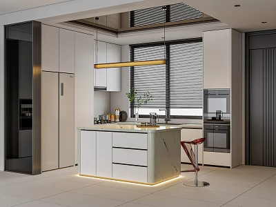 Modern Kitchen Interior With White Cabinets Island Appliances And Hanging Lights 3d model