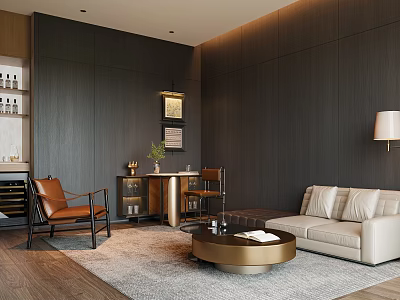 Modern Home Theater Room With Dark Wood Panel Walls Light Beige Sofa And Brown Leather Armchair 3d model