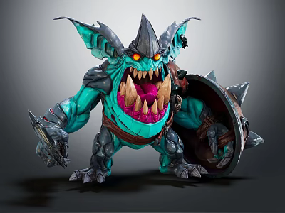 Green Spiked Warrior Monster Character With Orange Glowing Eyes And Weapon Shield 3d model