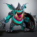 Green Spiked Warrior Monster Character With Orange Glowing Eyes And Weapon Shield