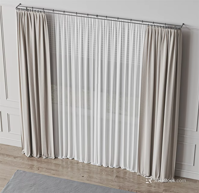 Beige And White Double Layer Curtains With Sheer Panels On White Wall And Wooden Floor 3d model 