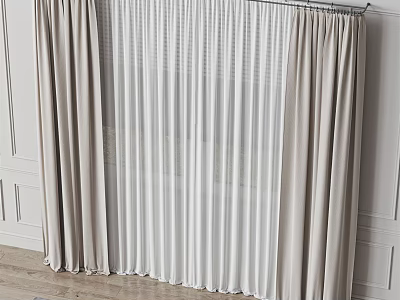 Beige And White Double Layer Curtains With Sheer Panels On White Wall And Wooden Floor 3d model