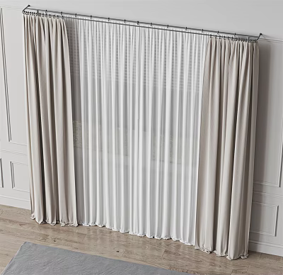 Beige And White Double Layer Curtains With Sheer Panels On White Wall And Wooden Floor 3d model