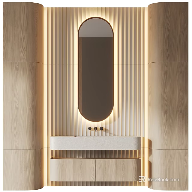 Modern Washbasin Design With Oval Mirror Wooden Wall Panels And LED Lighting Strips 3d model 