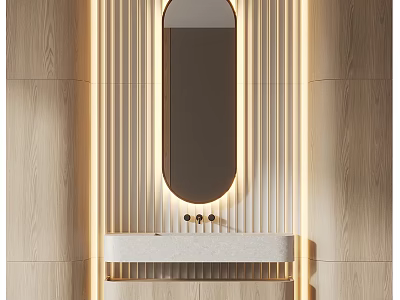 Modern Washbasin Design With Oval Mirror Wooden Wall Panels And LED Lighting Strips 3d model
