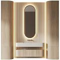 Modern Washbasin Design With Oval Mirror Wooden Wall Panels And LED Lighting Strips