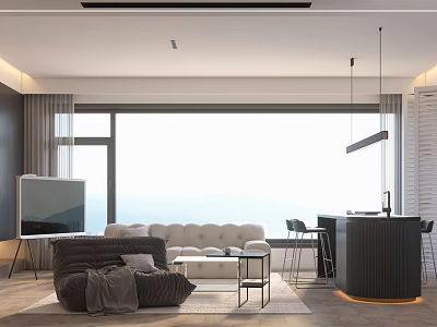 Modern Living Dining Room With Sofa TV Dining Table Pendant Lights And Window View 3d model