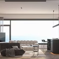 Modern Living Dining Room With Sofa TV Dining Table Pendant Lights And Window View