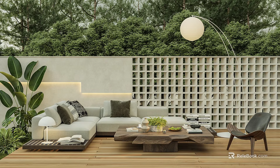 Outdoor Sofa in Modern Patio With Wooden Floor Green Plants Round Pendant Light and Cushions 3d model 