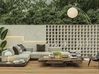 Outdoor Sofa in Modern Patio With Wooden Floor Green Plants Round Pendant Light and Cushions 3d model