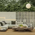 Outdoor Sofa in Modern Patio With Wooden Floor Green Plants Round Pendant Light and Cushions