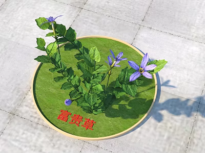 Decorative Lush Green Plants With Purple Flowers On Circular Grass Base 3d model