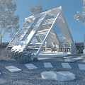 Modern Triangular Pavilion With Open Glass Structure Lawn Stone Path And Greenery 3d model