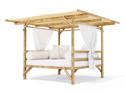 Stylish Outdoor Sofa with Bamboo Frame Woven Canopy White Curtains and Plush White Cushions 3d model