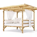 Stylish Outdoor Sofa with Bamboo Frame Woven Canopy White Curtains and Plush White Cushions