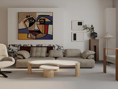 Modern Minimalist Living Room Interior With Light Gray Sofa And Colorful Abstract Painting 3d model