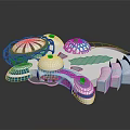 Cartoon Scene Featuring Futuristic Buildings Blue Water Pools White Domes And Circular Structures