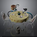 Outdoor Garden Table With Yellow Floral Tablecloth Chairs Plants Plates Blue Bicycle And Gardening Tools