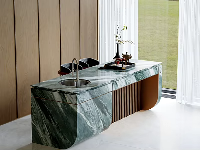 Green Marble Bar Counter With Faucet Wooden Walls And Decorative Vase 3d model