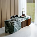Green Marble Bar Counter With Faucet Wooden Walls And Decorative Vase