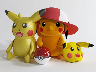 Cute Pikachu Dolls With Red White Hat Different Sizes And Poké Ball 3d model