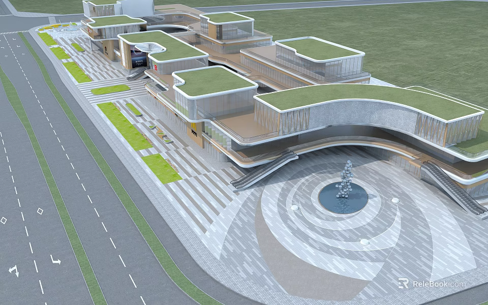 Modern Commercial Landscape With Buildings Green Roofs Circular Plaza Central Fountain Steps And Green Belts 3d model 