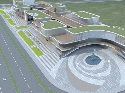 Modern Commercial Landscape With Buildings Green Roofs Circular Plaza Central Fountain Steps And Green Belts 3d model