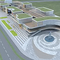 Modern Commercial Landscape With Buildings Green Roofs Circular Plaza Central Fountain Steps And Green Belts