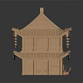 Cartoon Scene of Traditional Chinese Two Story Wooden Architecture With Curved Eaves And Lanterns