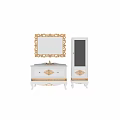 Elegant White Bathroom Vanity With Golden Ornate Carvings Decorative Mirror And Glass Door Cabinet
