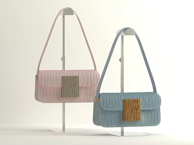 Stylish Pink And Blue Handbags With Striped Texture And Wooden Accent On Display Stands 3d model