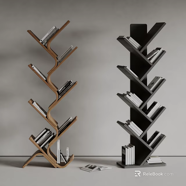 Modern Curved Bookcase Design With Unique Layered Shelves Wooden And Black Finish With Books 3d model 