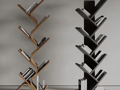 Modern Curved Bookcase Design With Unique Layered Shelves Wooden And Black Finish With Books 3d model