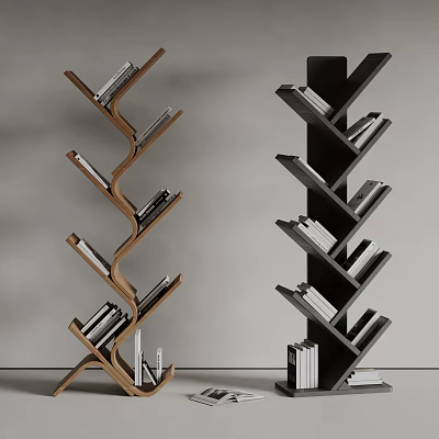 Modern Curved Bookcase Design With Unique Layered Shelves Wooden And Black Finish With Books 3d model