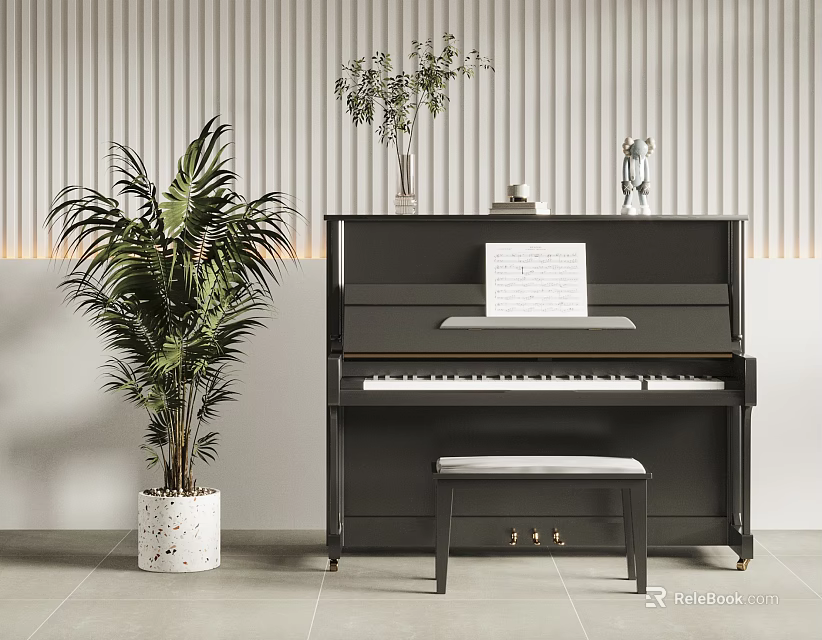 Elegant Black Piano Musical Instrument With Music Sheet And Potted Plant Decorative Elements 3d model 