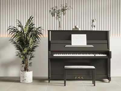 Elegant Black Piano Musical Instrument With Music Sheet And Potted Plant Decorative Elements 3d model