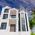 White Detached Villa Exterior With Two story Design Balcony Large Windows And Green Lawn