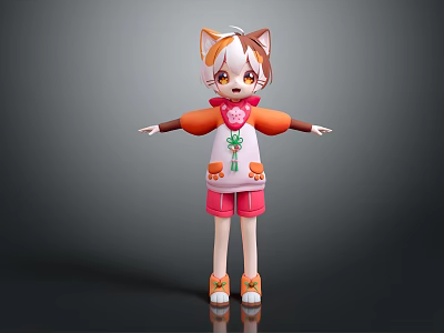 Cute 3D Game Character With Cat Ears Orange White Top Pink Shorts And Green Necklace 3d model