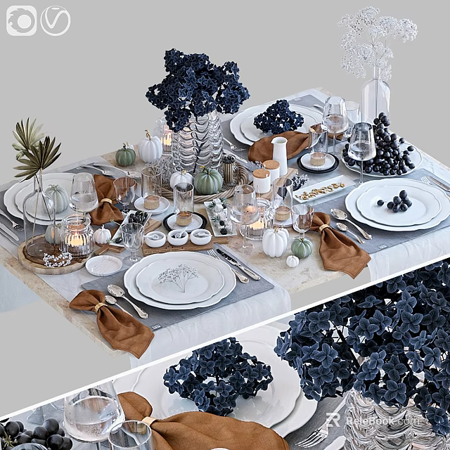 Stylish Kitchenware Plates And Cutlery For Elegant Table Setting With Blue Flowers Pumpkin Decorations 3d model 