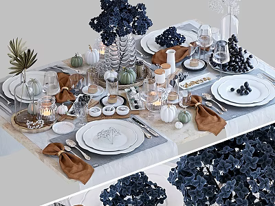Stylish Kitchenware Plates And Cutlery For Elegant Table Setting With Blue Flowers Pumpkin Decorations 3d model