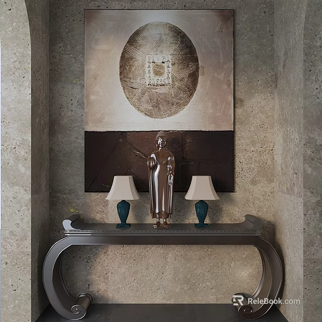 Modern Console Table With Sculpture Table Lamps And Wall Art Decor 3d model 