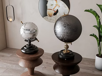 Artistic Globe Sculpture Carving Display on Wooden Stand with Indoor Green Plant 3d model