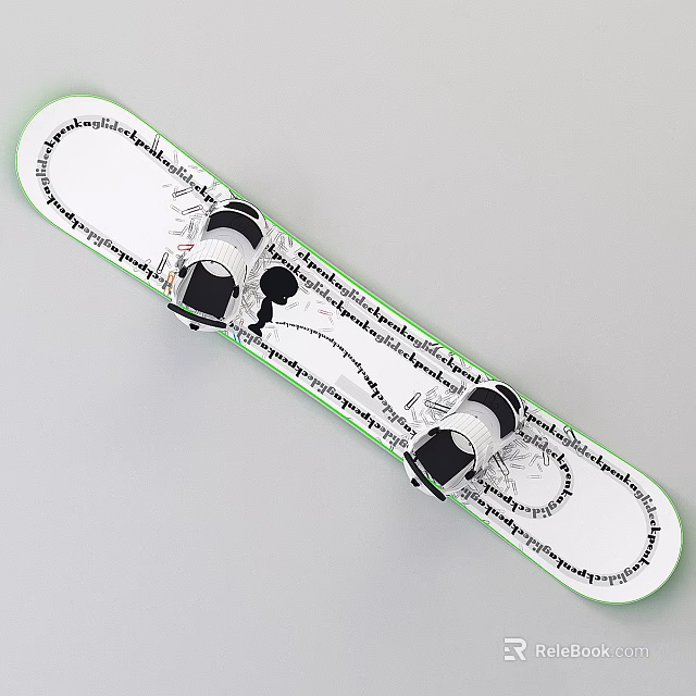 White Snowboard Design With Green Edges Black Text Patterns And Bindings 3d model 