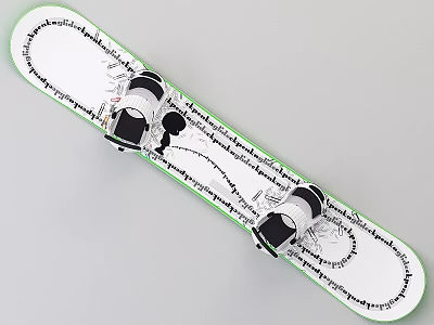 White Snowboard Design With Green Edges Black Text Patterns And Bindings 3d model