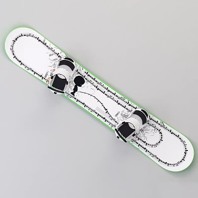 White Snowboard Design With Green Edges Black Text Patterns And Bindings 3d model